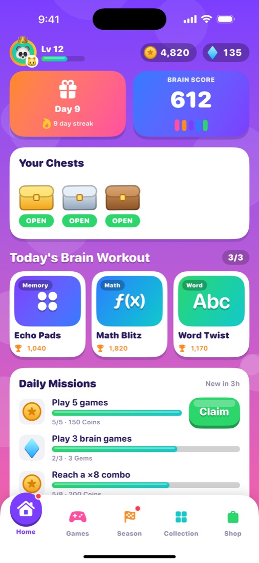The Playburst home hub with daily gift, Brain Score and missions
